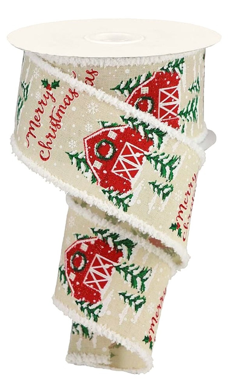 RG Ribbon: Merry Christmas Winter Barn Scene, Wired, 2.5" x 10 Yards - Cream, Red, Multi